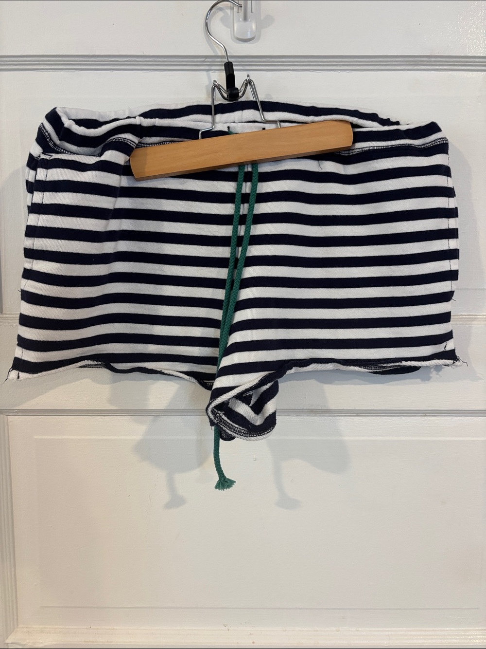 Striped American Eagle Navy and White Athletic Shorts with Green Drawstring